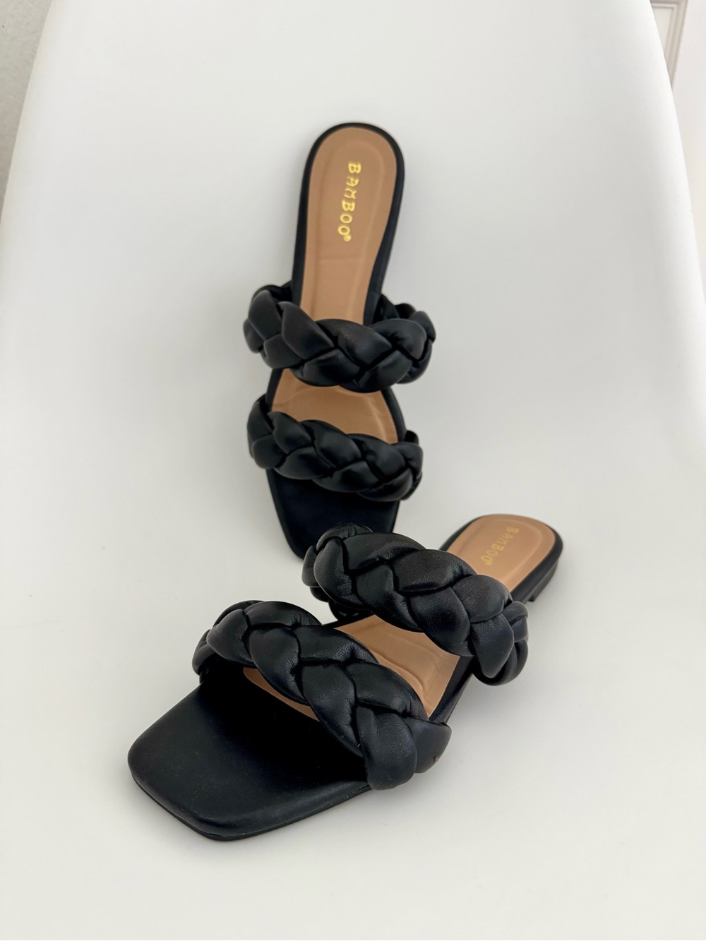 BAMBOO Black Braided Double-Strap Slide Mules